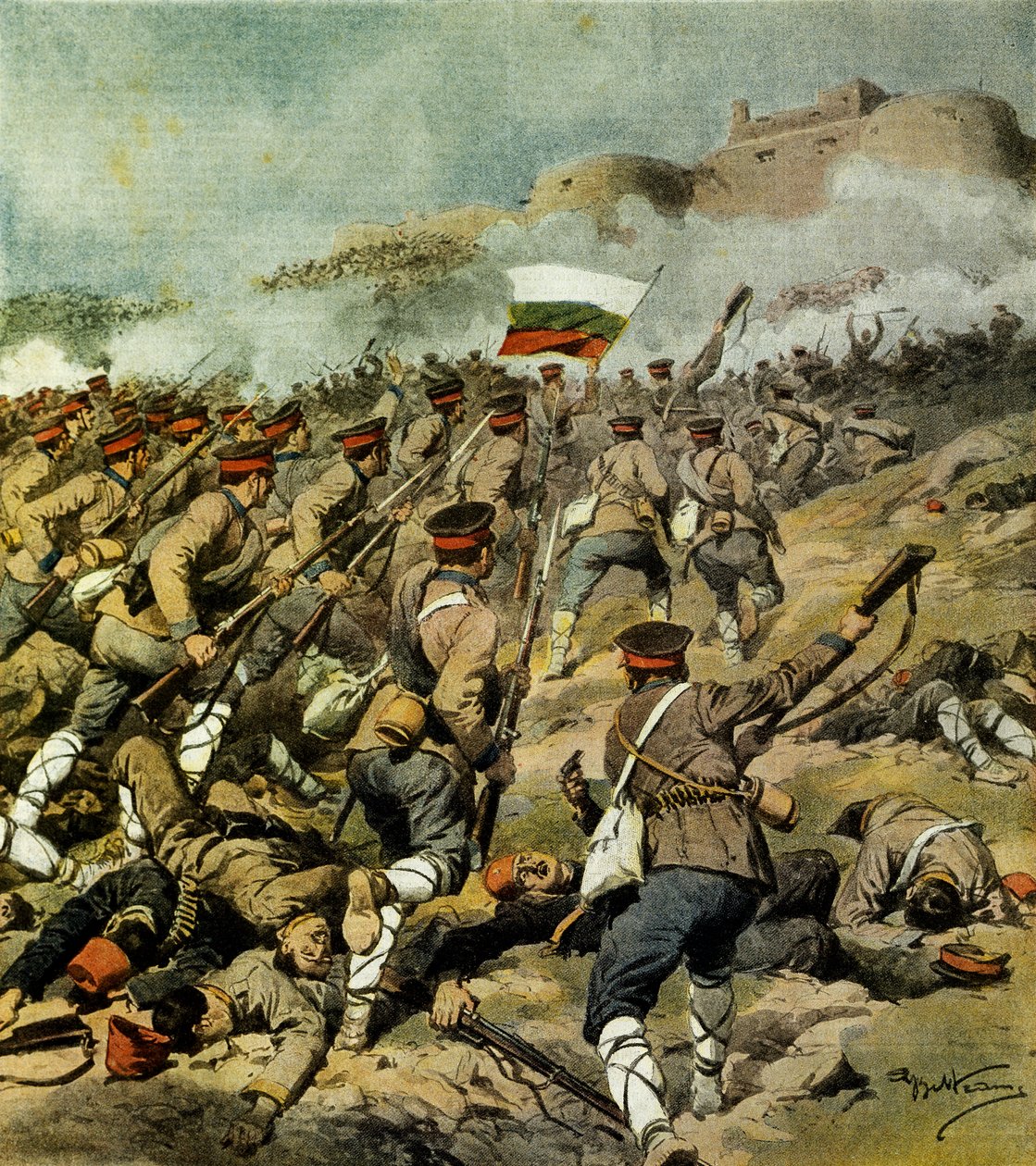 Válka pěti národů, bulharská armáda postupuje směrem k Adrianopoli a zajme Kirka Kilisse a působivou vojenskou kořist, Achille Beltrame (1871-1945), ilustrace z La Domenica del Corriere, 3. listopadu 1912 od Achille Beltrame