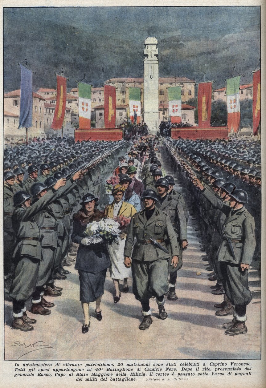 Svatební obřad členů černých košil ve Veronese Caprino en Venetie Ilustrace Achilles Beltrame de “” La Domenica del corriere “” ” z 10.10.1937. od Achille Beltrame