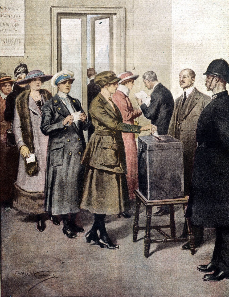 Ženy volily poprvé v Anglii. 1919. Ilustrace A. Beltrame. La Domenica del Corriere. od Achille Beltrame