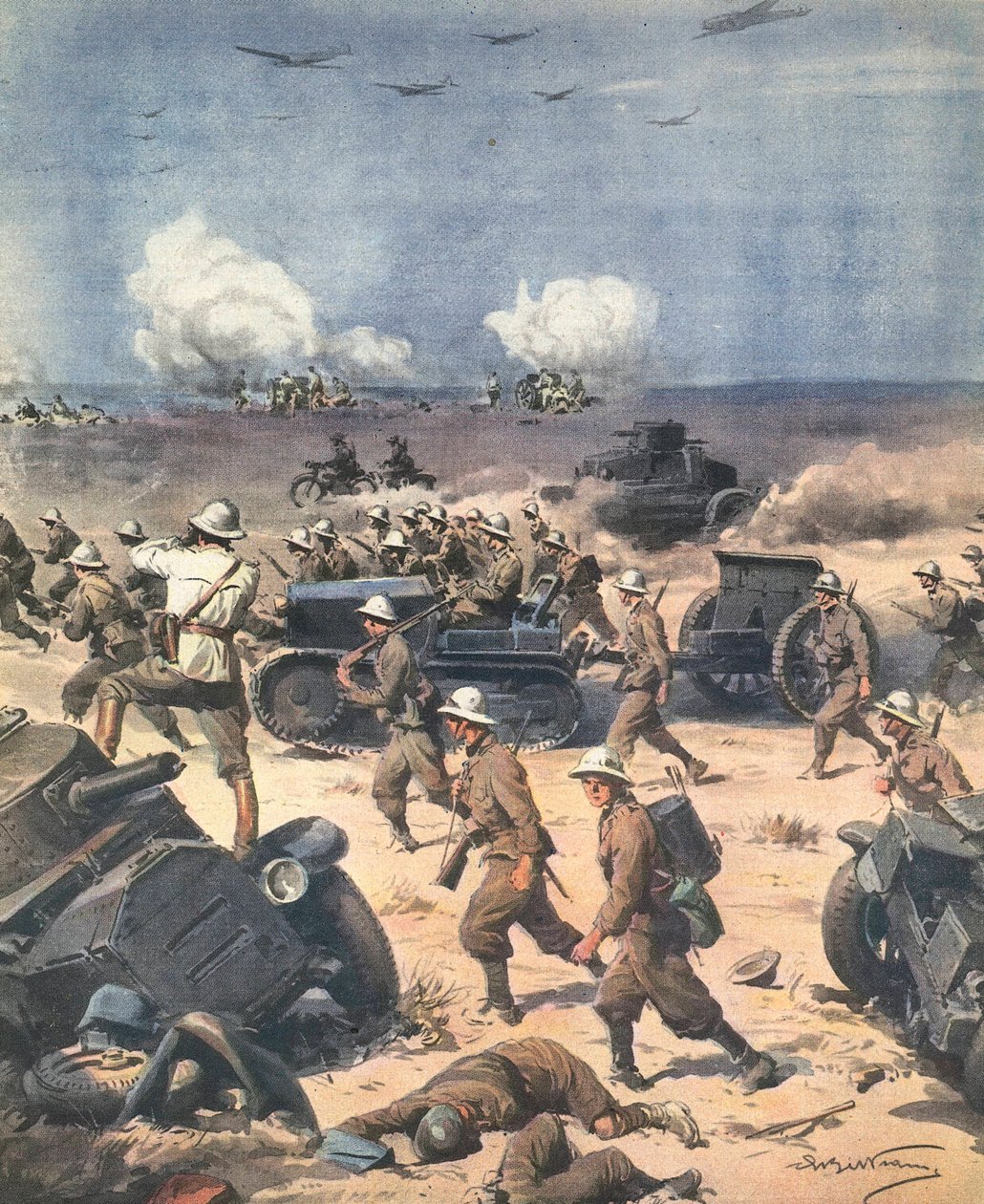 Druhá světová válka. Libye (severoafrická kampaň). Italské jednotky v Kyrenaice postupují do Egypta. Ilustrace Antonio Beltrame. "La Domenica del Corriere". 22. září od Achille Beltrame