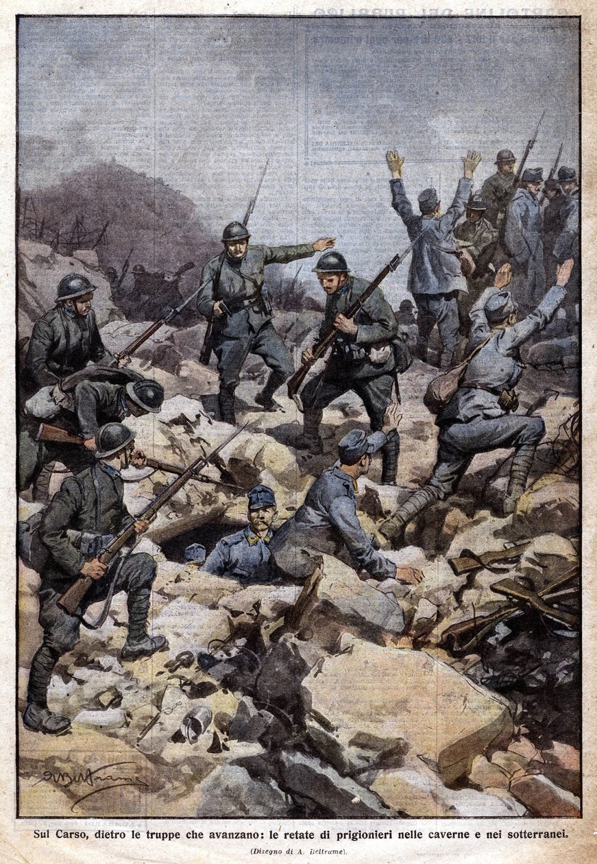 První světová válka: Italská fronta na náhorní plošině Carso (Trentino) a vězni v podzemí. "Domenica del Corriere". 07/1917 (litografie) od Achille Beltrame