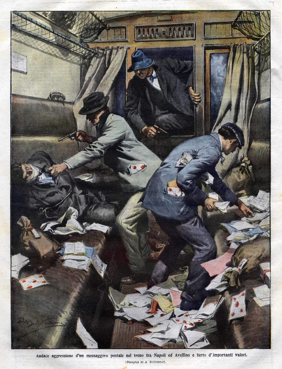 bandité při přepadení v poštovním vlaku mezi Neapolí a Avellinem v roce 1910. Ilustrace Achilles Beltrame pro Domenica del corriere. od Achille Beltrame