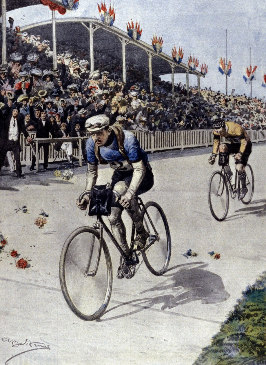 cyklista Peer Breton Vítěz Tour de France v roce 1908. ilustrace Achille Beltrame. od Achille Beltrame