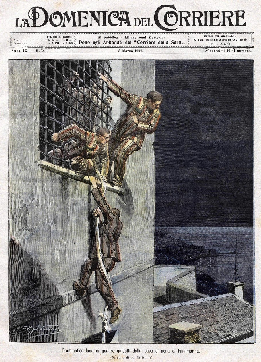 útěk tří vězňů z věznice Finalmarina v Itálii v roce 1907. Ilustrace Achille Beltrame pro Domenica del Corriere z 3. března od Achille Beltrame