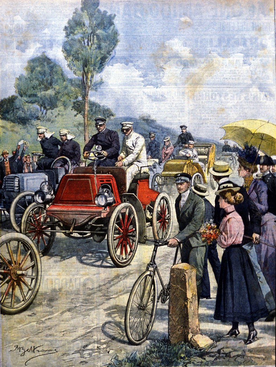 první kolo Itálie autem v roce 1901 ilustrace Achilles Beltrame od Achille Beltrame