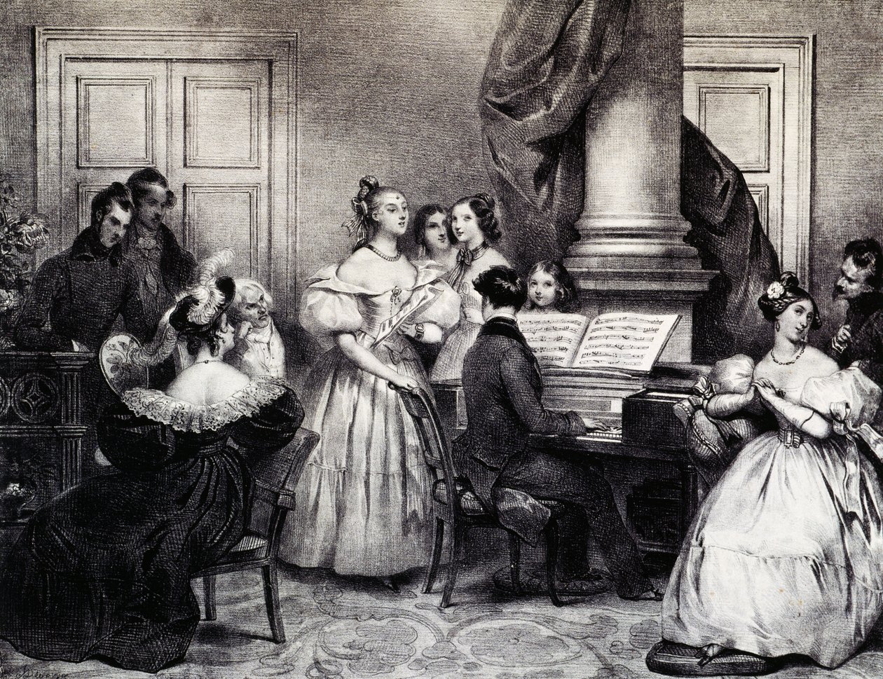 Rodinný koncert s klavírem, Achille Deveria (1800-1857), rytina, Francie od Achille Devéria