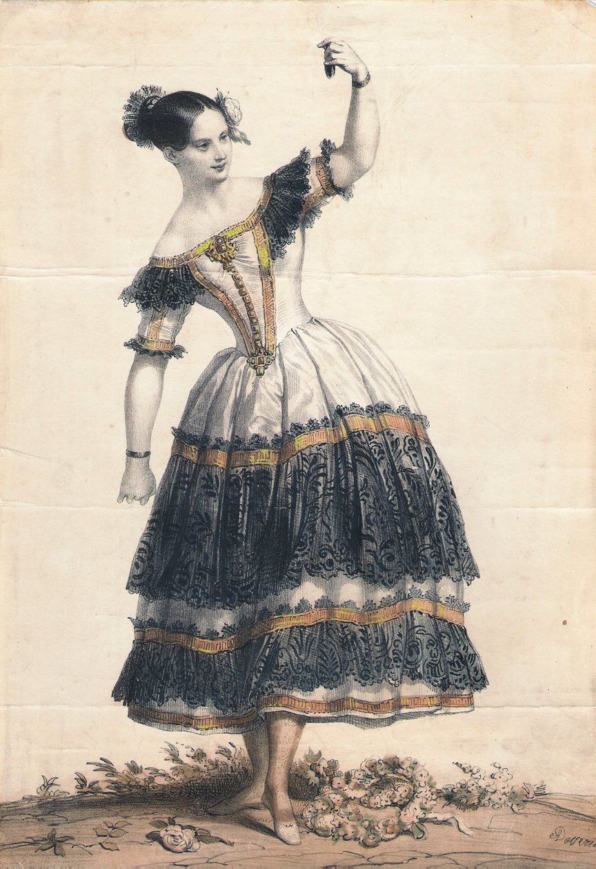 Fanny Elssler jako Florinda v tanci La Cachucha balet Le Diable boiteux, 1836 od Achille Devéria