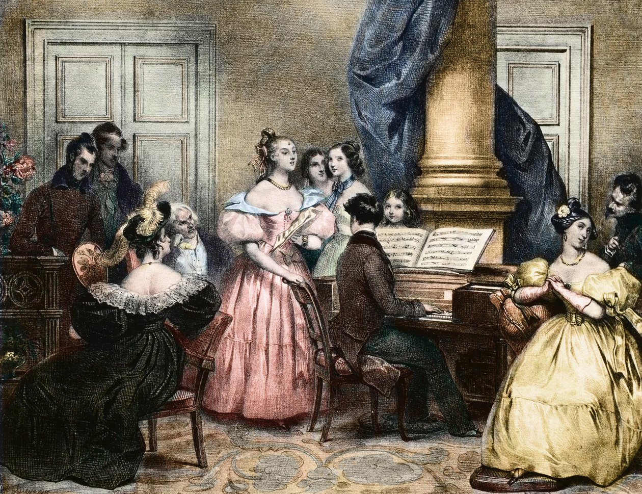 Musical Evening Party - Hudební večer kolem pianoforte - Achille Deveria (1800-1857) ca. 1840 od Achille Devéria