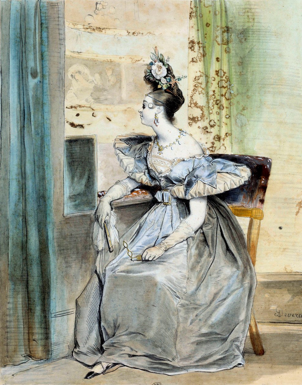 Portrét Marie Nodier v divadelní lóži v 10 hodin. Jeho otec Charles vedl literární salon navštěvovaný romantiky (Victor Hugo, Lamartine, Vigny, Dumas, Liszt) a ona byla múzou některých z nich. Akvarel rytiny od Achille Deveria (18 od Achille Devéria