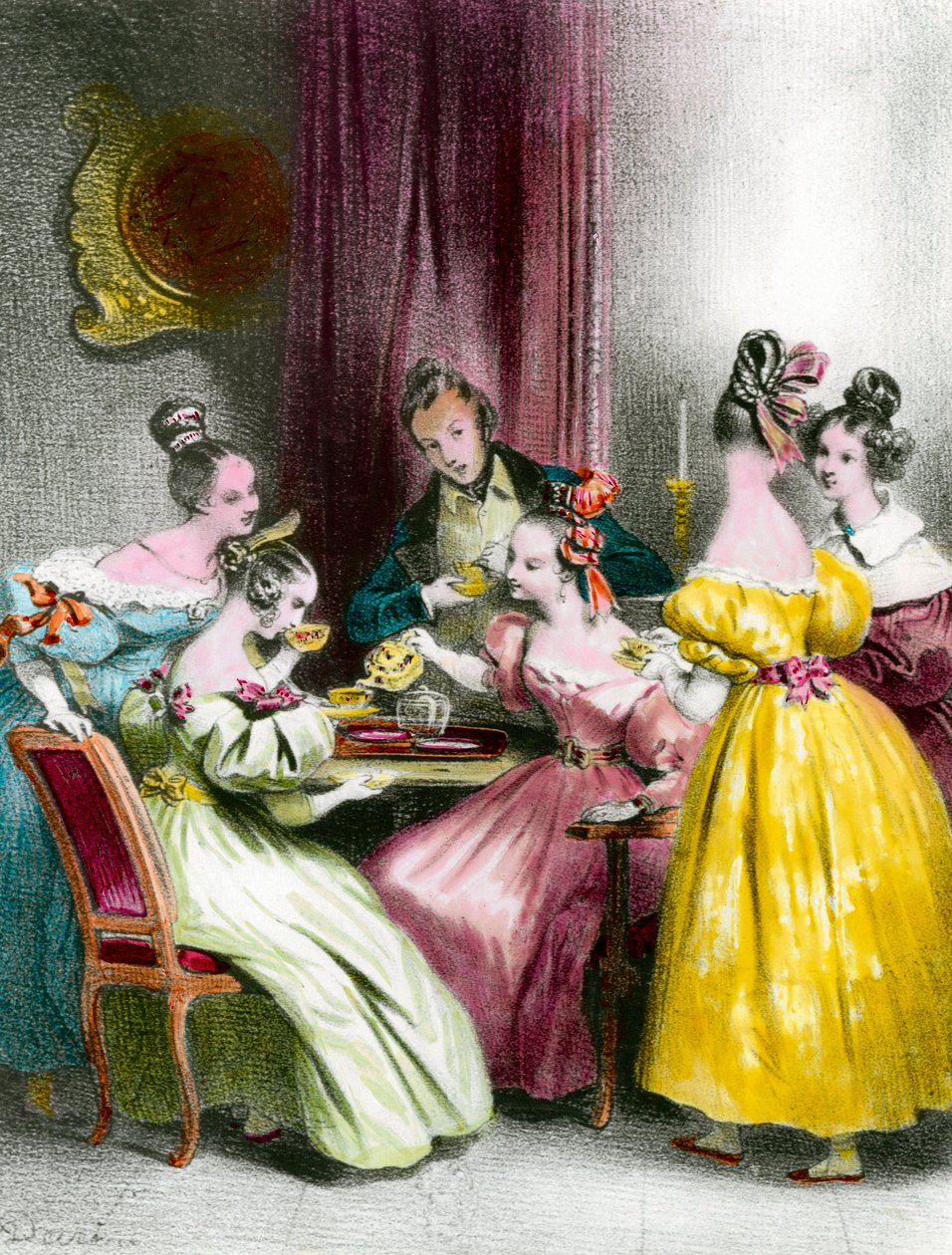 Odpoledne v Salon de the under the Restoration tisk Achille Deveria (1800-1857) Soukromá sbírka z 19. století od Achille Devéria