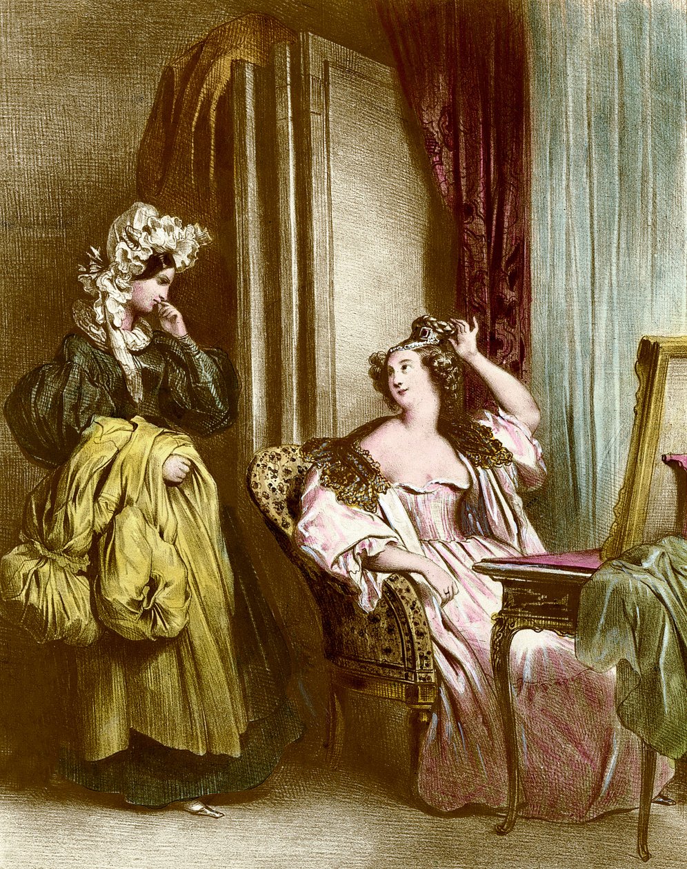 Záchod: elegantní mladá žena se svou služebnou Litografie Achilles Deveria (1800-1857) Collection Particuliere z 19. století od Achille Devéria