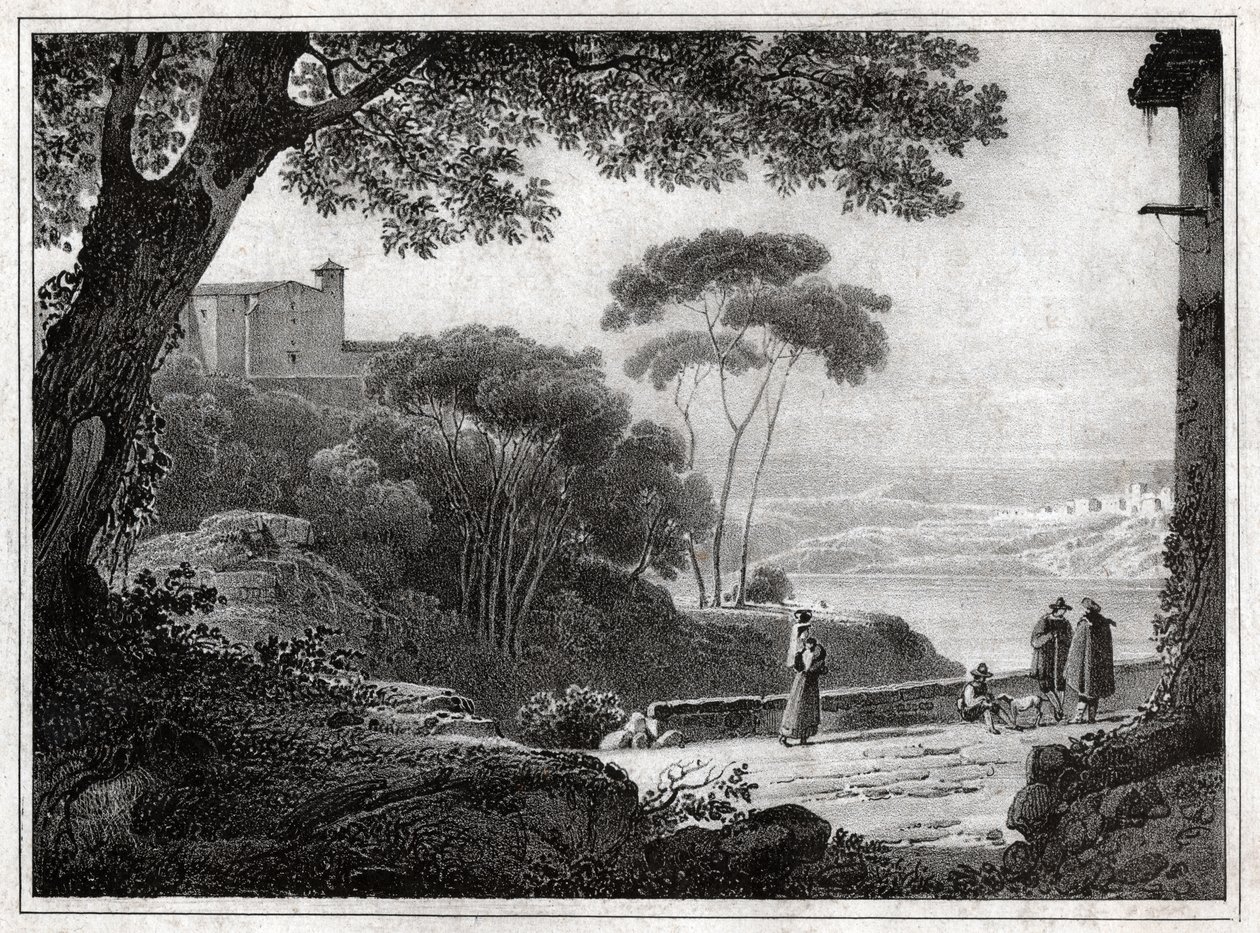 Jezero Albano. (rytina kolem roku 1820) od Achille Etna Michallon