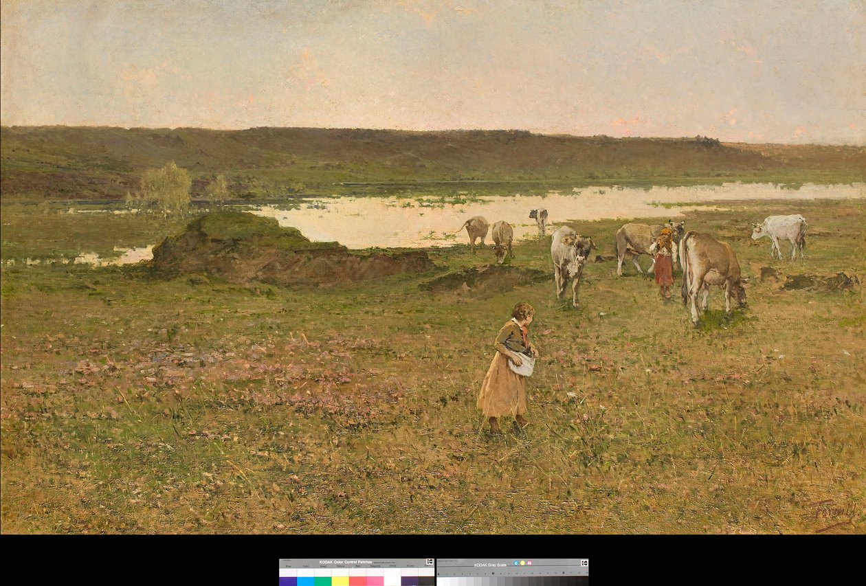 Poblíž Sesto Calende, Lombardie, Itálie nebo "Pastva na rovině" (poblíž Sesto Calende, Itálie nebo pastva na rovině) Obraz Achille Formis (1832-1906) 1887 Soukromá sbírka od Achille Formis Befani