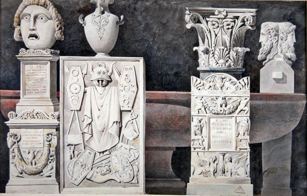Fragmenty starověkých soch (grafit, lavír a akvarel na papíře) od Achille Francois Leclere