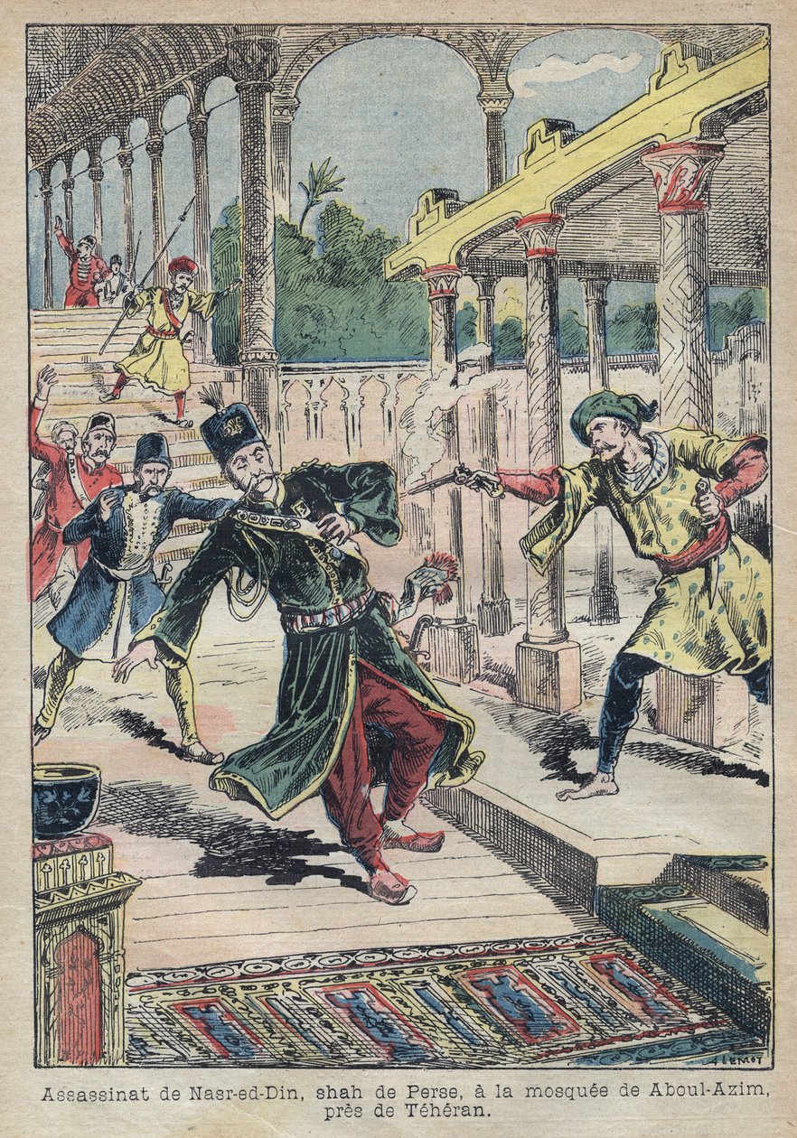 Atentát na Nassera Eda Dina (1831-1896), perského šáha (Írán) v roce 1896 (také nazývaný Nasseredin Shah, Nasserer-al-Din Shah Qajar, Nasser al-Din Shah Qajar, Nassiruddin Shah) - Ilustrace Achille Lemot pro „ Le-Pelerin“ z roku 1896 – Zavraždění od Achille Lemot