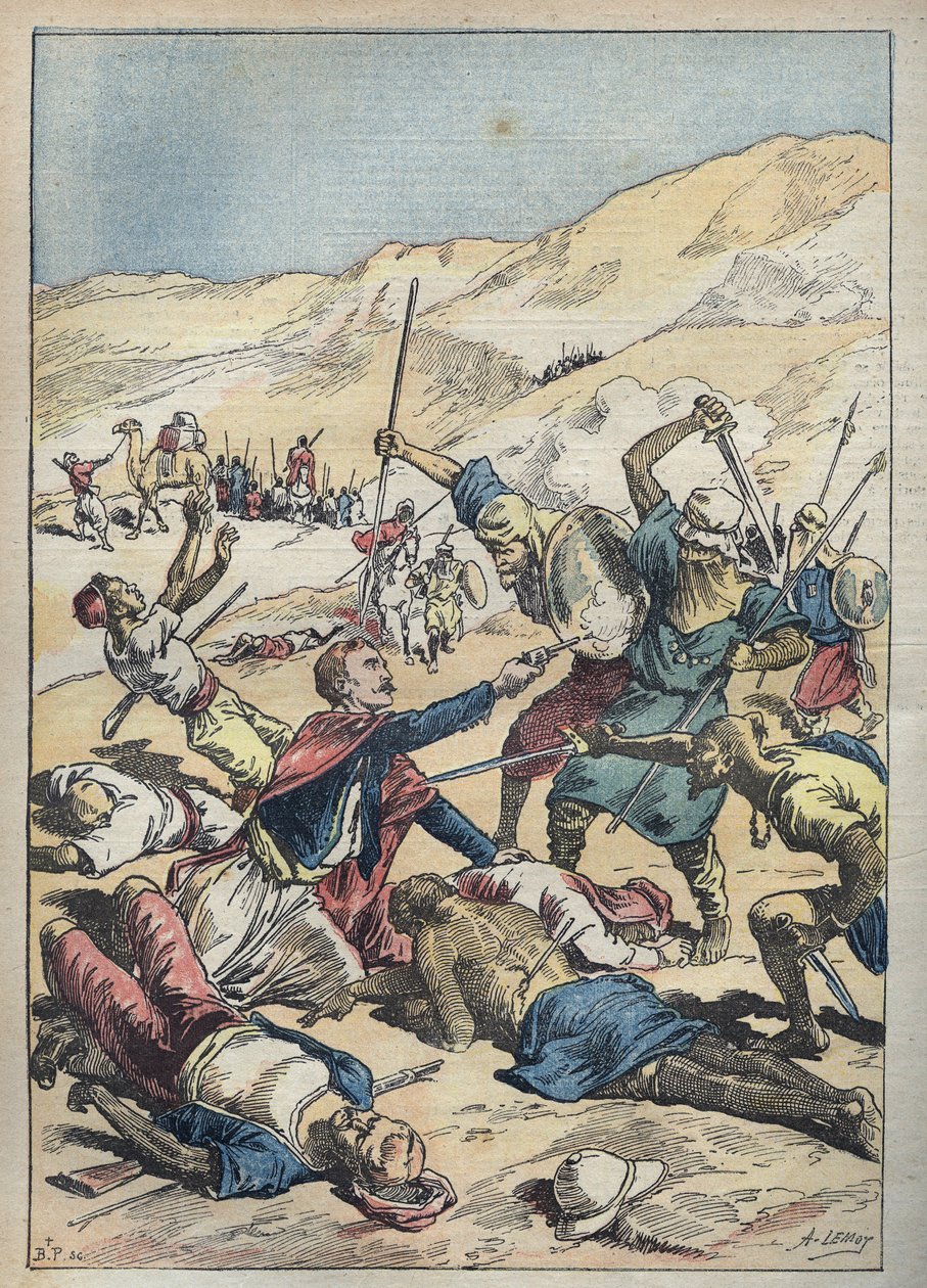 Smrt markýze z Mores (Antoine-Amedee-Marie-Vincent) Manca de Vallombrosa (1858-1896) a jeho společníků poblíž El-Ouatia (El Ouatia) v Tunisku v roce 1896 - Ilustrace Achille Lemot v „“ Le-Pelerin“ června 1896 od Achille Lemot