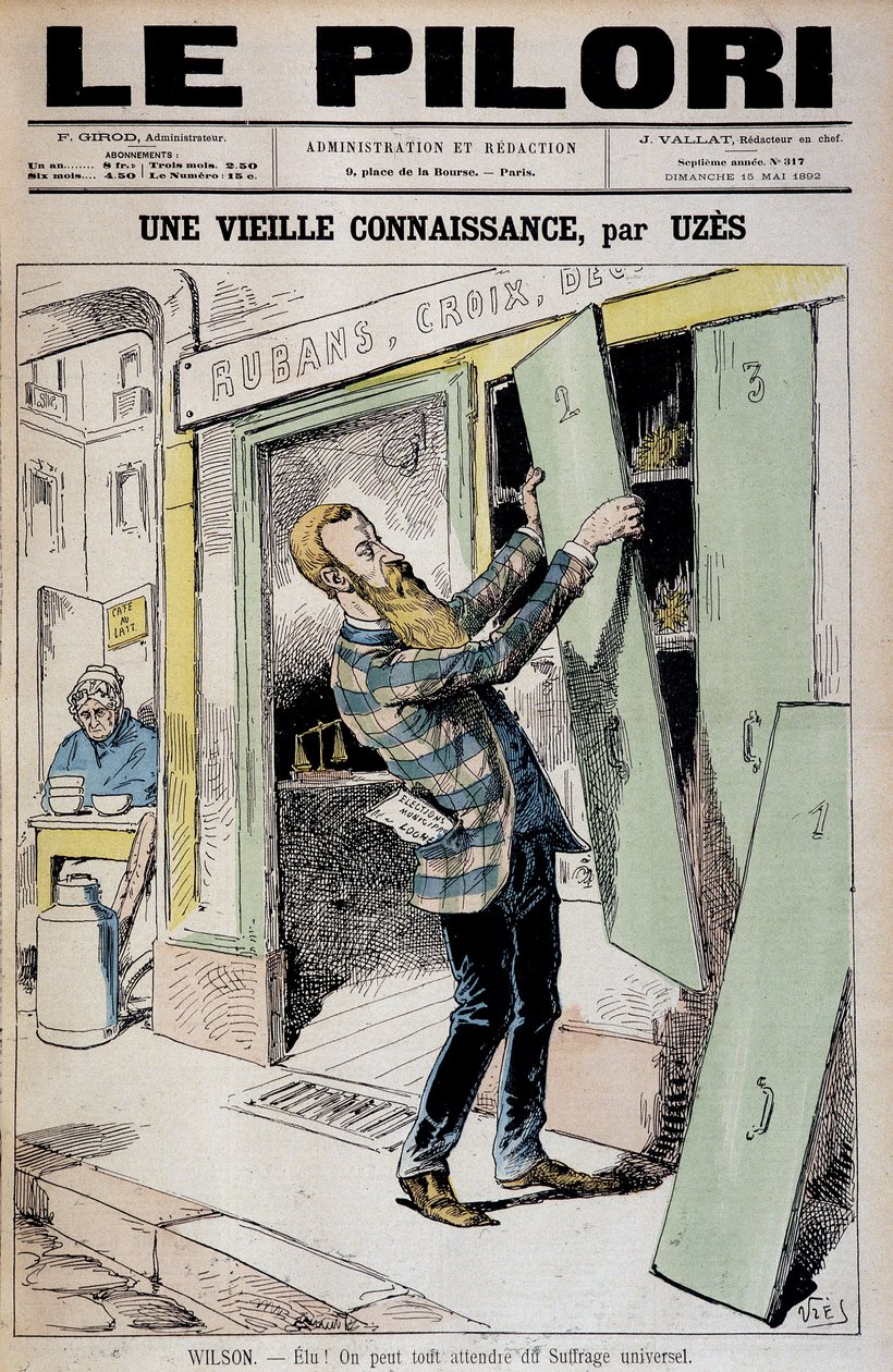 Zvolený! Můžeme očekávat vše od všeobecného volebního práva (karikatura na reelu zástupce Daniela Wilsona) - od Uzese (Achille Lemot dit) (1846-1909), v „“Le Pilori““ z 15.5.1892 od Achille Lemot