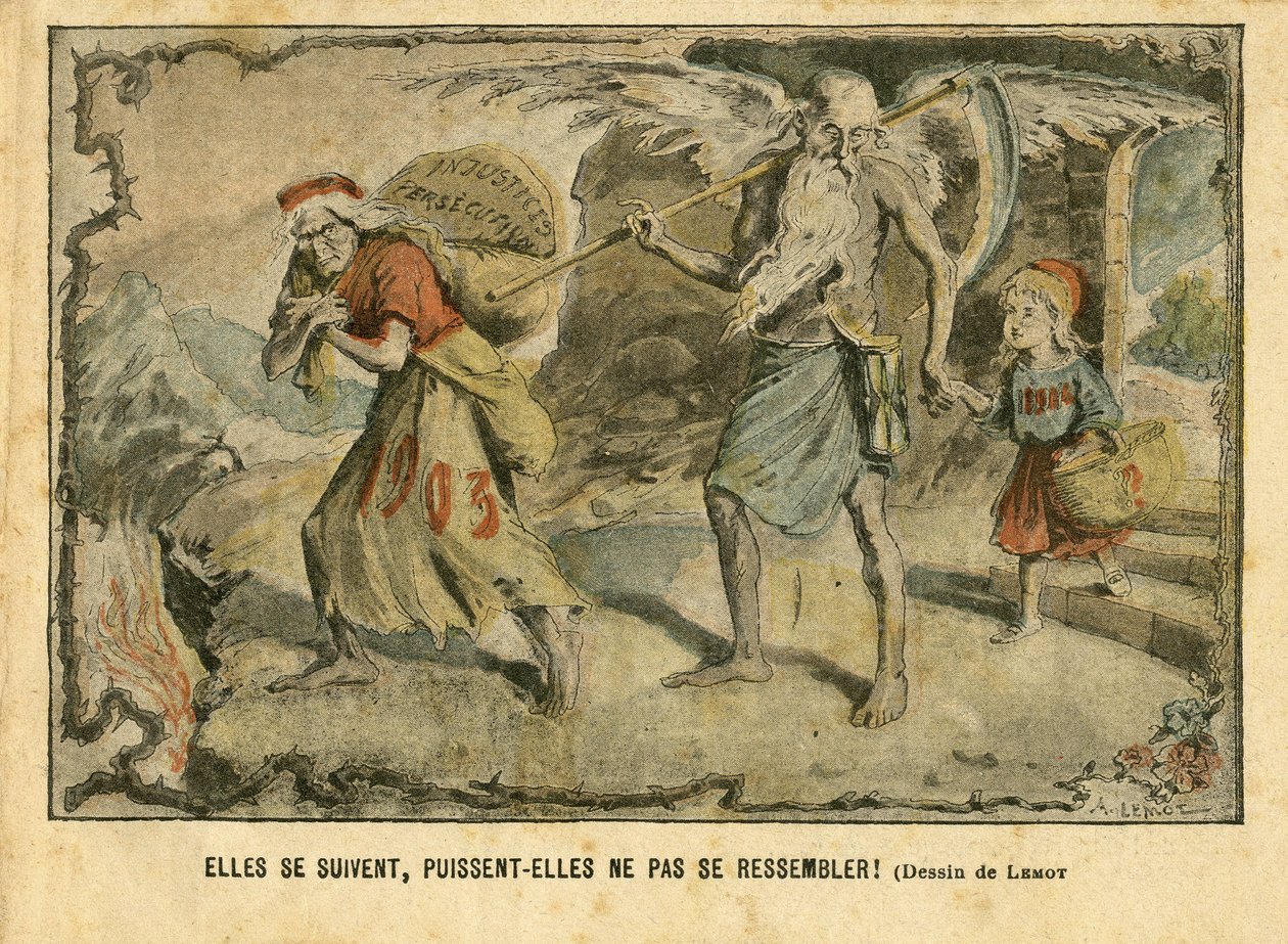 Ilustrace Achille Lemot (1846-1909) v Le Pelerin, 3. 1. 2004 - Následují za sebou, kéž nejsou stejní! Pronásledování bezpráví – dětství, náboženství, víra, čas/období, nový rok – Marianne, čas (alegorie) – alegorie, opozice/společník od Achille Lemot