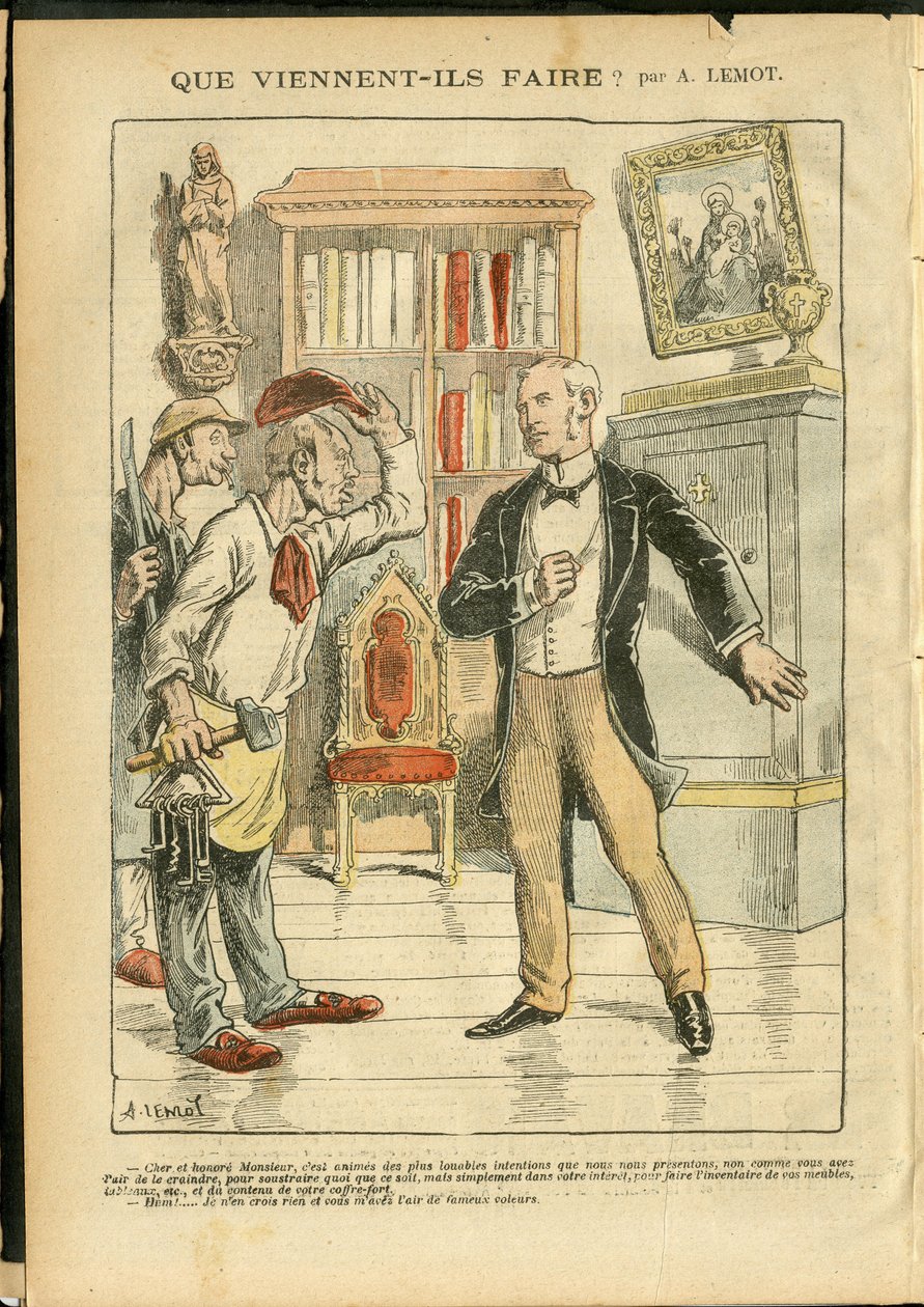 Ilustrace Achille Lemot (1846-1909) v Le Pelerin, 4. 2. 2006 - Co přijdou dělat? - Náboženství Víra, Katolický katolicismus - Odluka církve a státu, Inventáře/Reakce na Inventáře od Achille Lemot