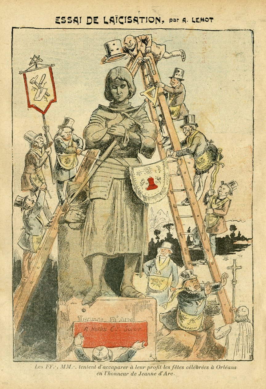 Ilustrace Achille Lemot (1846-1909) v Le Pelerin, 5.5.2007 - Essai de laicisation - Antimakonismus Freemaking, Náboženství Víra, Katolicismus - Laicisation Laicite Laiques - Johanka z Arku - Změna měřítka od Achille Lemot