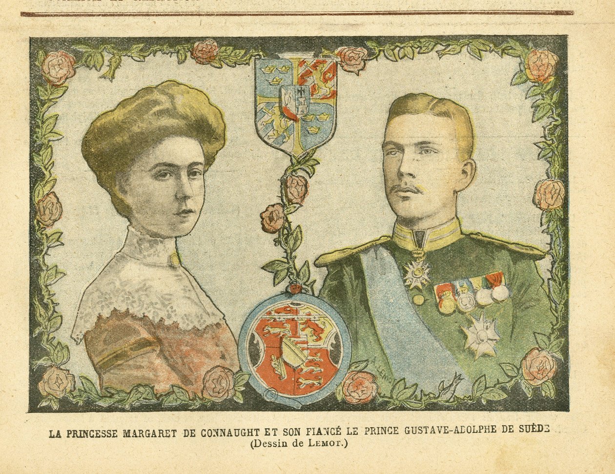 Ilustrace Achille Lemot (1846-1909) v Le Pelerin, 21.05.05 - Princezna Margaret z Connaught a její snoubenec princ Gustave-Adolphe ze Švédska - Monarchie, medaile, zahraniční panovník, Švédsko - De Connaught Margaret (1882-1920) , Gustav IV Adolf ze Švédsk od Achille Lemot