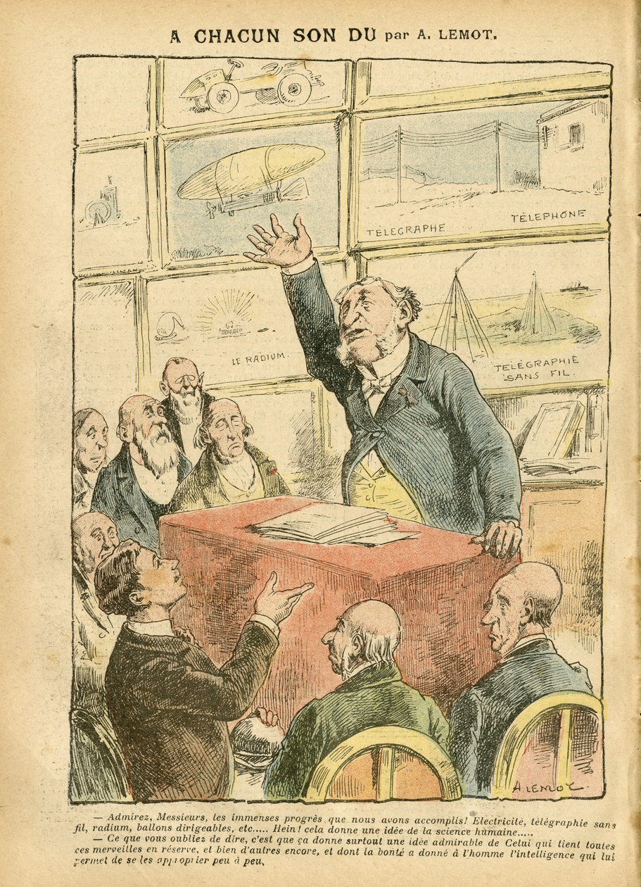 Ilustrace Achille Lemot (1846-1909) v Le Pelerin, 22/09/07 - modernita, automobil, náboženství, víra, ateismus, pokrok, telegraf, bezdrátová telegrafie, telefon, radium, katolický katolicismus - intelektuální od Achille Lemot