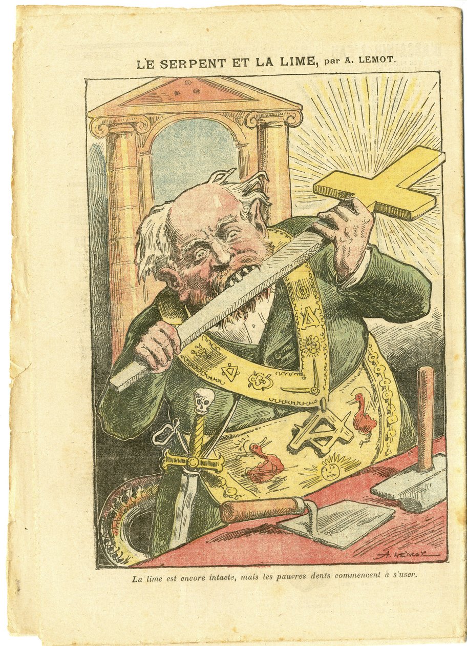 Ilustrace Achille Lemot (1846-1909) v Le Pelerin, 23/05/09 - Had a limetka - Antimakonismus Freemaking, Náboženství Víra, Křesťanský kříž, Fables La Fontaine a další, Katolicismus - Laicisation Laicite Laiques - Hadi - Animalisatio od Achille Lemot