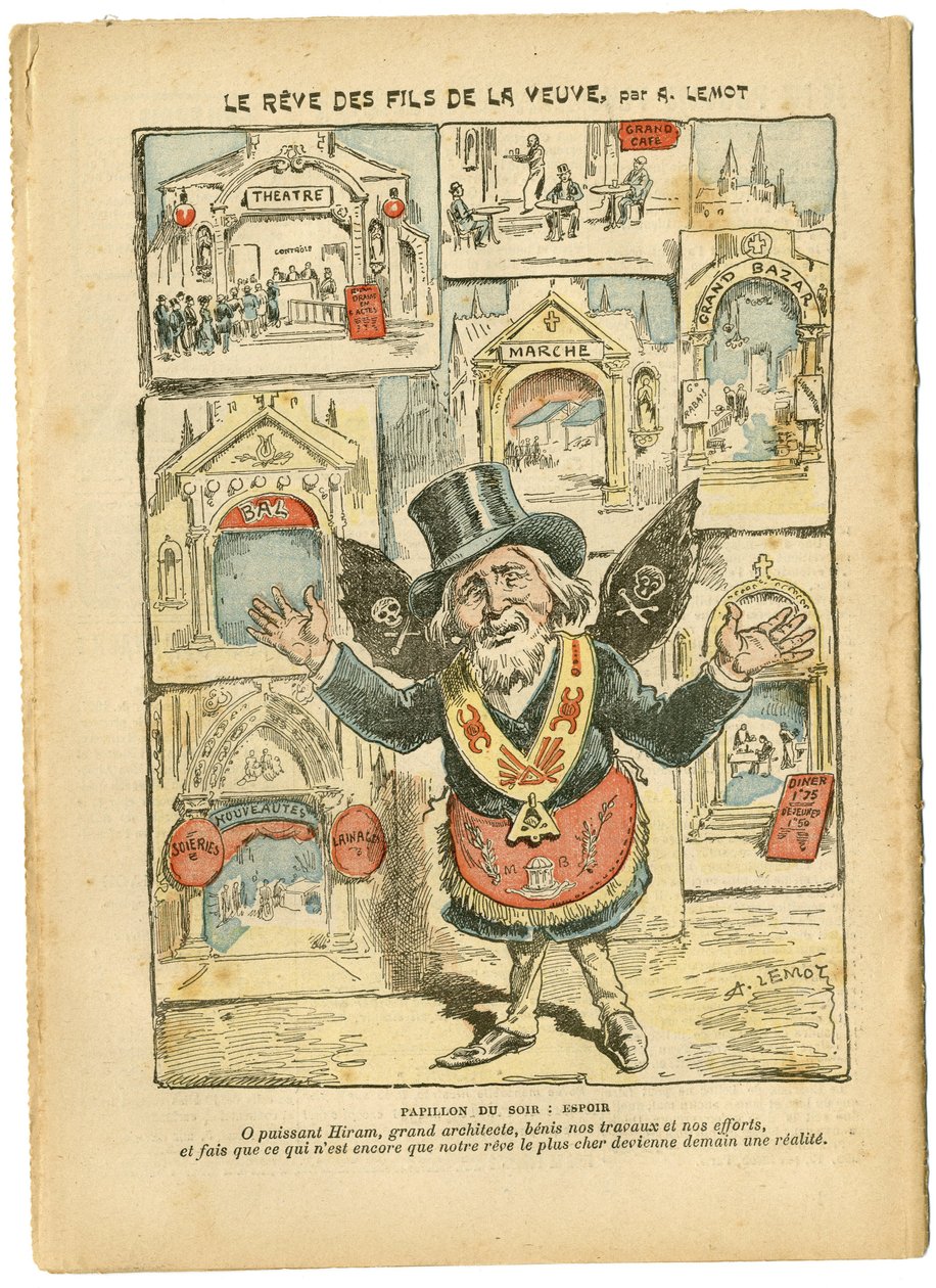 Ilustrace Achille Lemot (1846-1909) v Le Pelerin, 23/09/06 - Sen vdových synů - Antimilitarismus, Náboženství Víra, Kostely Katedrála, Katolicismus - Laicizace náboženského prostoru, Laicizace Laicite Laické zákony - Hiram od Achille Lemot