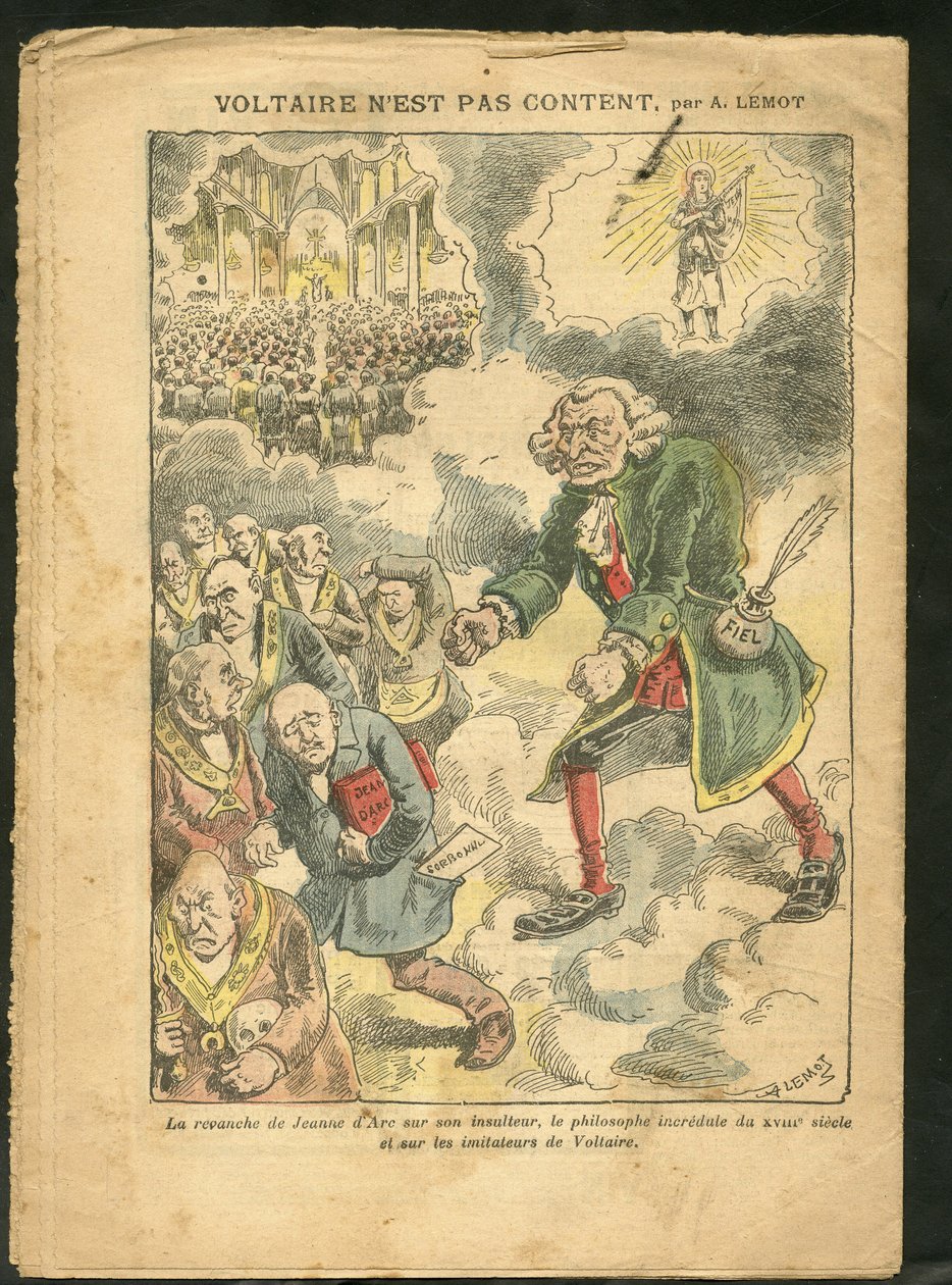 Ilustrace Achille Lemot (1846-1909) v Le Pelerin, 25.4.2009 - Voltaire není šťastný - Antimakonismus Freemaking, Náboženství Víra, Katolicismus - Laicisation Zákony Laicite Laiques - Voltaire, Johanka z Arku od Achille Lemot