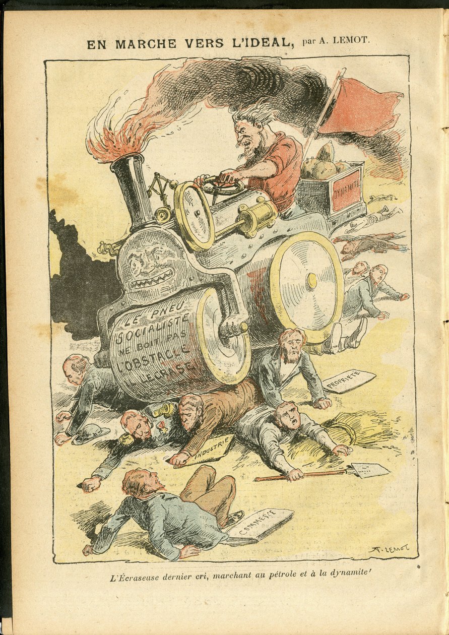 Ilustrace Achille Lemota (1846-1909) v Le Pelerin, 27/05/06 - Na cestě k ideálu - Sociální, Automobil, Mrtvoly, Revoluce, Rudá vlajka, Ekonomika, Socialismus, Pneumatika, Píchání od Achille Lemot