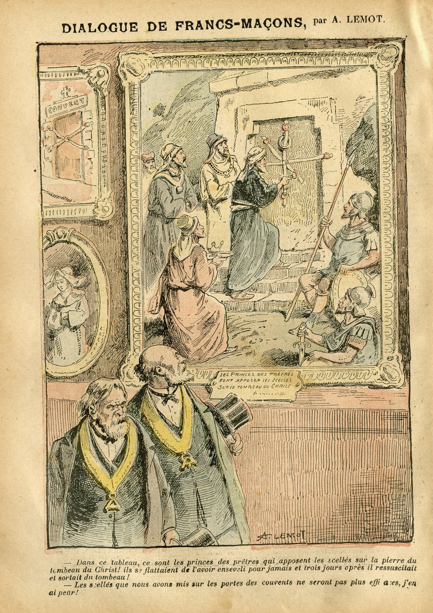 Ilustrace Achille Lemot (1846-1909) v Le Pelerin, 31/03/07 - Dialog Francs-Macons - Umění, Antimakonismus Freemaking, Náboženství Víra, Katolický katolicismus - Odluka církve a státu, Inventáře/Reakce na inventáře od Achille Lemot
