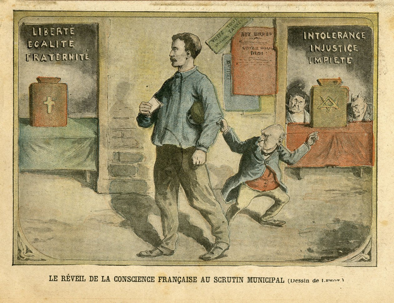Ilustrace Achille Lemot (1846-1909) v Le Pelerin, 01.05.04 - Probuzení francouzského svědomí k obecnímu hlasování - Volby, Náboženství Víra, Bloc des lefts, Katolicismus Catholique - Laicisation Laicite Světské zákony - Combes Emile (1835 -1921), od Achille Lemot