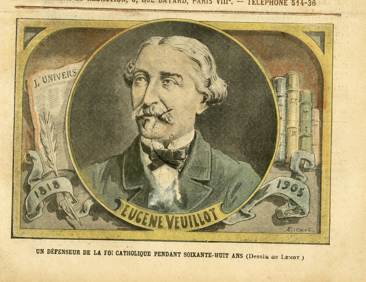 Ilustrace Achille Lemot (1846-1909) v Le Pelerin, 01/10/05 - Obránce katolické víry po šedesát osm let - Tisk/média, Náboženství Faith, L