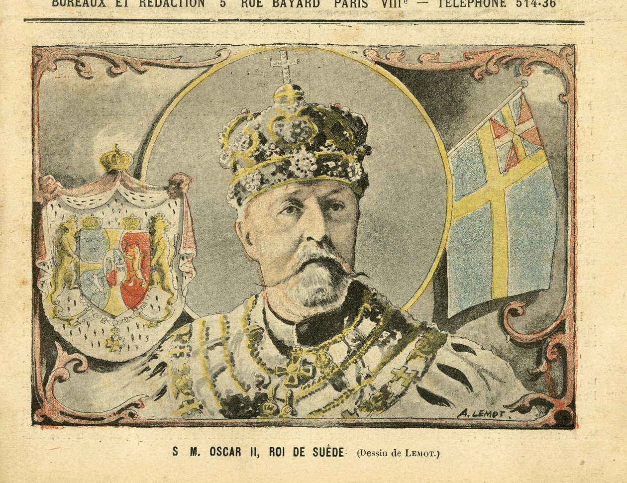 Ilustrace Achille Lemot (1846-1909) v Le Pelerin, 02/07/05 - Jeho Veličenstvo Oscar II., král Švédska - monarchie, Švédsko - Oscar II od Achille Lemot