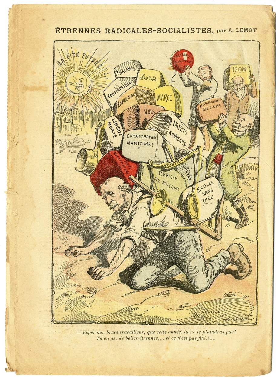 Ilustrace Achille Lemot (1846-1909) v Le Pelerin, 03.01.09 - Radikalně-socialistické struny - Radikalismus, Učení, Náboženství Víra, Maroko, Ateismus, Radikální a radikálně-socialistická strana, Katolicismus - Laicisation Laicite Laiques - Clemenceau Geo od Achille Lemot