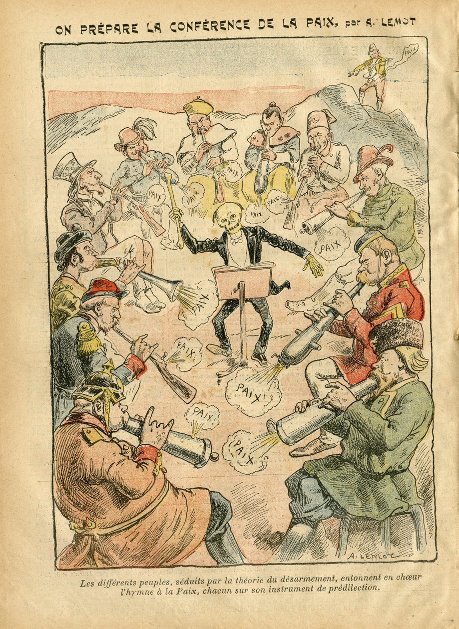 Ilustrace Achille Lemota (1846-1909) v Le Pelerin, 03/02/07 - Příprava mírové konference - Rusko, Německo Prusko, Asie, Hudba, Amerika USA USA, Anglie Velká Británie, Východ, Evropa, Itálie, Čína, Kanóny, mušle, Mír, Tanec, Francie, Odzbrojení od Achille Lemot