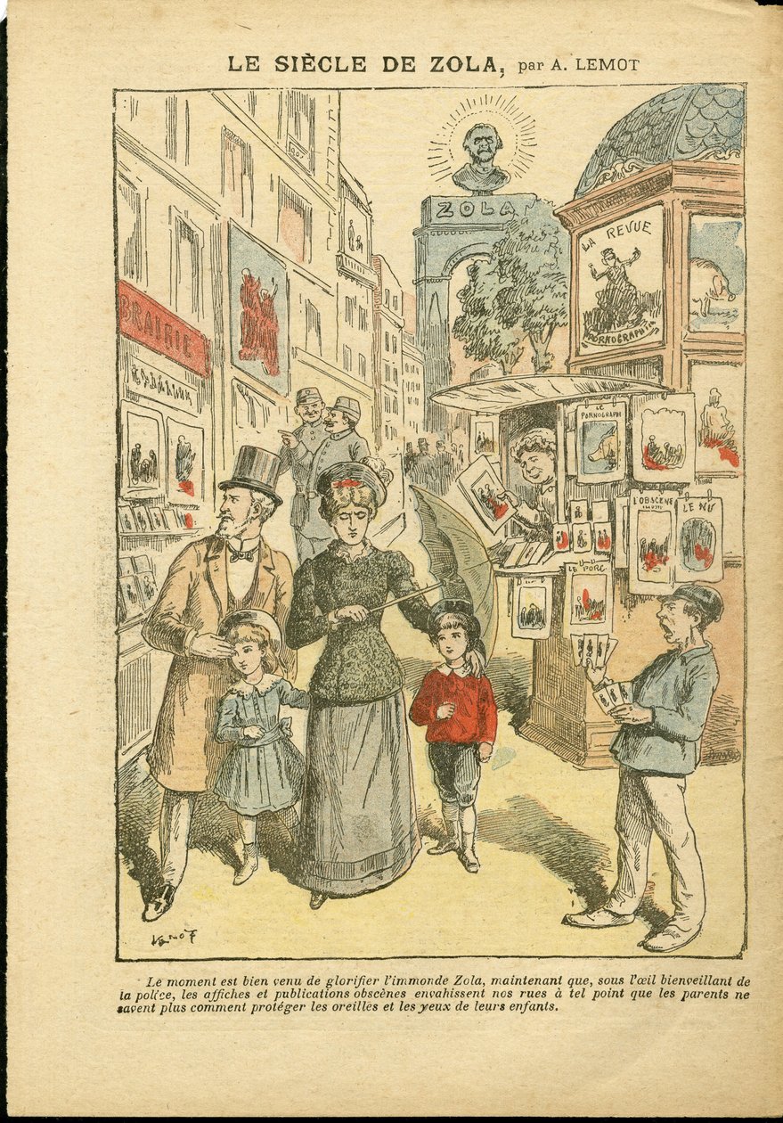 Ilustrace Achille Lemot (1846-1909) v Le Pelerin, 03.05.08 - Století Zoly - Náboženství Víra, Rodina, Pornografie, Novinové stánky, Katolický katolicismus, Ulička Rue - Zola Emile od Achille Lemot