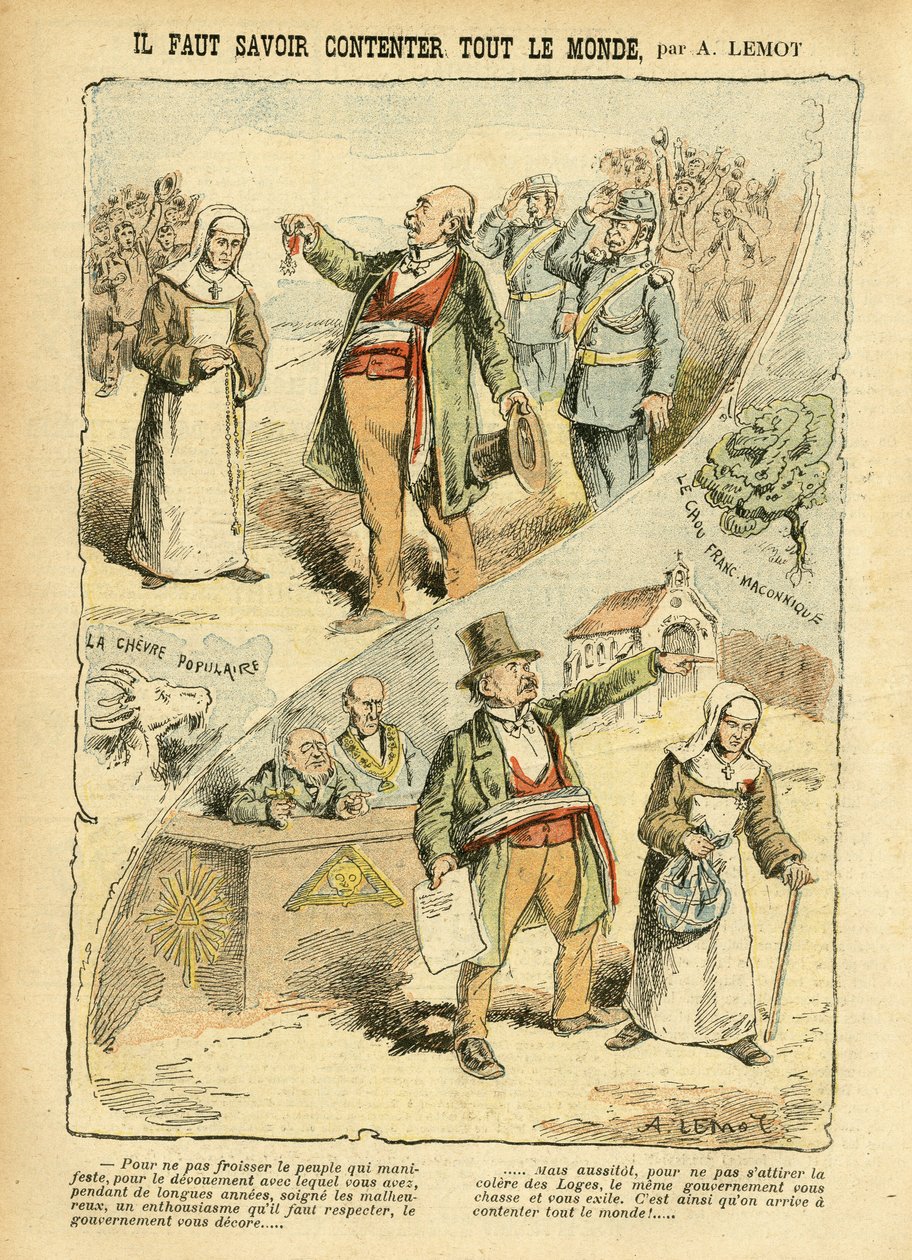 Ilustrace Achille Lemot (1846-1909) v Le Pelerin, 03/09/05 - Musíte vědět, jak se zalíbit každému - Antiklerikalismus, Antimakonismus Freemaking, Náboženství Víra, Medaile, Bloc des lefts, Katolický katolicismus - Vystěhování věřících, Laicizace Lai od Achille Lemot