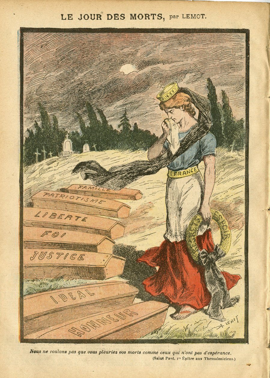 Ilustrace Achille Lemot (1846-1909) v Le Pelerin, 03/11/07 - Den mrtvých - proces spravedlnosti, náboženství víra, Liberte, Francie, tříbarevná vlajka, vlastenectví, smuteční obseque pohřeb, čest, rakev - Marianne - Smrt, náboženská metafora od Achille Lemot