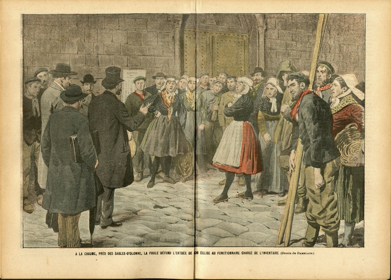 Ilustrace Achille Lemot (1846-1909) v Le Pelerin, 04.02.06 - Náboženství Víra, Dav, Kostely Katedrály, Katolický katolicismus - Odluka církve a státu, Inventáře/Reakce na inventáře od Achille Lemot