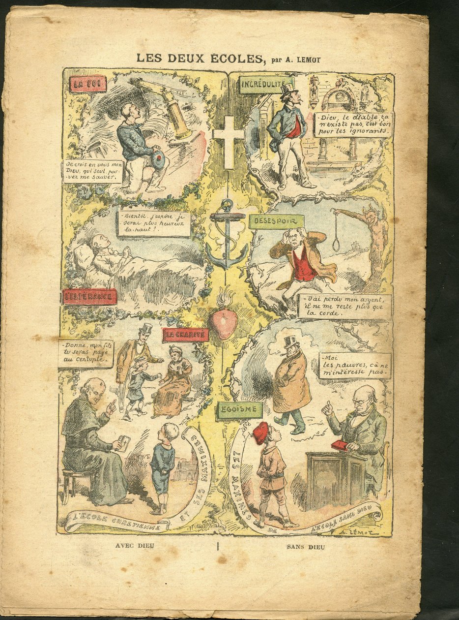 Ilustrace Achille Lemot (1846-1909) v Le Pelerin, 04/04/09 - Dvě školy - Učení, náboženství Víra, katolicismus Katolicismus - Laicisation Laicite Laiques Zákony - Učitel, lyceista, kolegiální, léky od Achille Lemot