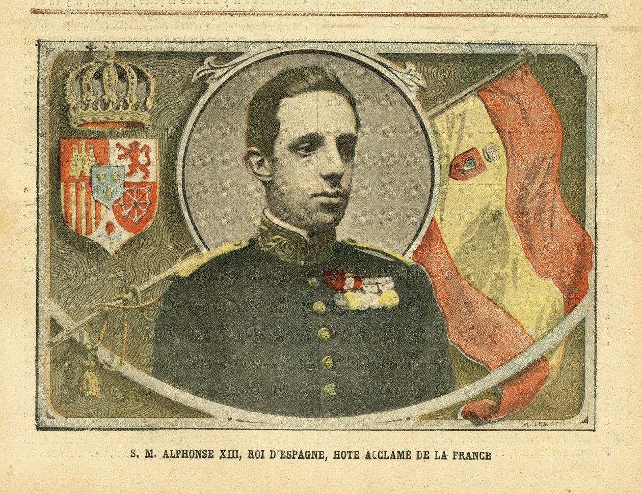 Ilustrace Achille Lemot (1846-1909) v Le Pelerin, 04.06.05 - Jeho Veličenstvo Alfonso XIII., král Španělska, Hote Acclame of France - Španělsko, Monarchie, Vlajky, Cizí panovník - Alfonso XIII od Achille Lemot