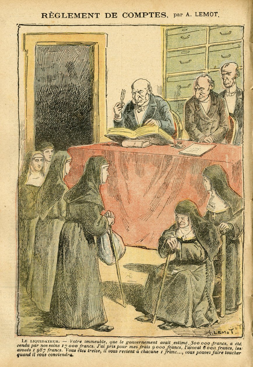 Ilustrace Achille Lemot (1846-1909) v Le Pelerin, 04.08.07 - Regulace účtů - Antisemitismus, Náboženství Víra, Katolický katolicismus - Odluka církve a státu, Inventáře/Reakce na inventáře - Jeptišky sestry dobré sestry od Achille Lemot