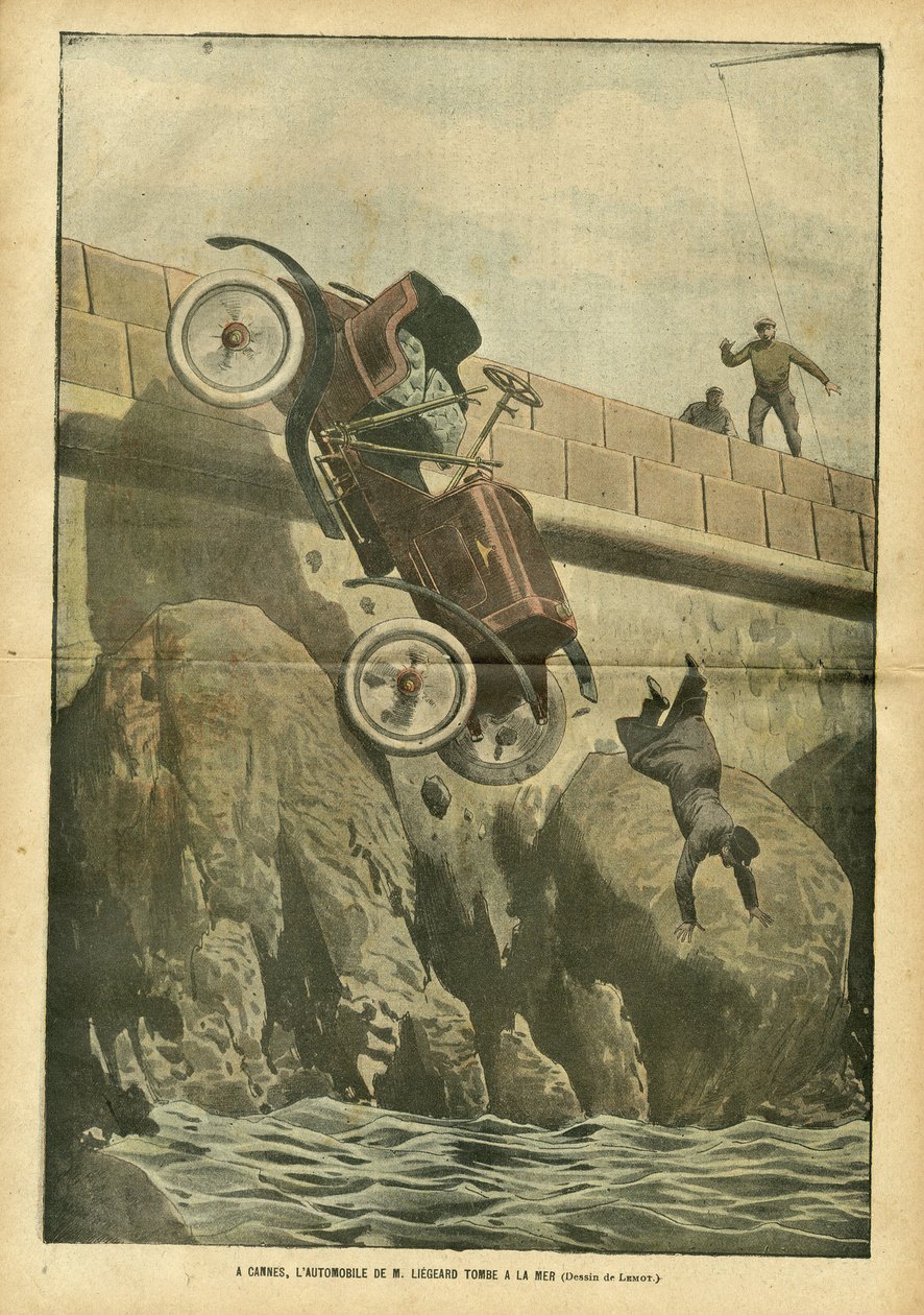 Ilustrace Achille Lemot (1846-1909) v Le Pelerin, 05.05.07 - V Cannes spadne automobil pana Liegarda do moře - různá fakta, Automobilový průmysl, Mořské Mořské pobřeží, Nehody Katastrofy od Achille Lemot