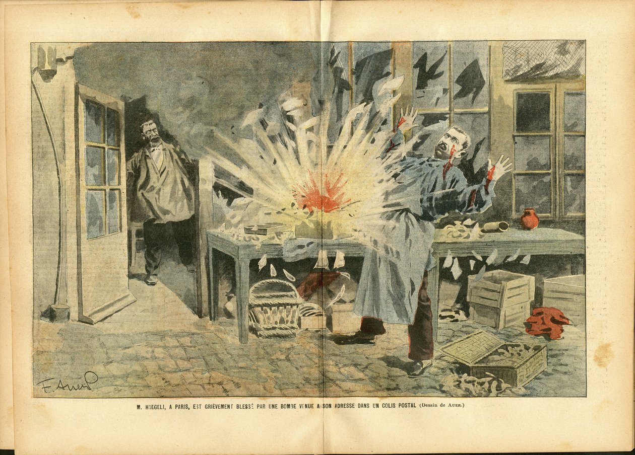 Ilustrace Achille Lemot (1846-1909) v Le Pelerin, 05.08.06 - Courier La Poste, Bomb - Postal Factor od Achille Lemot