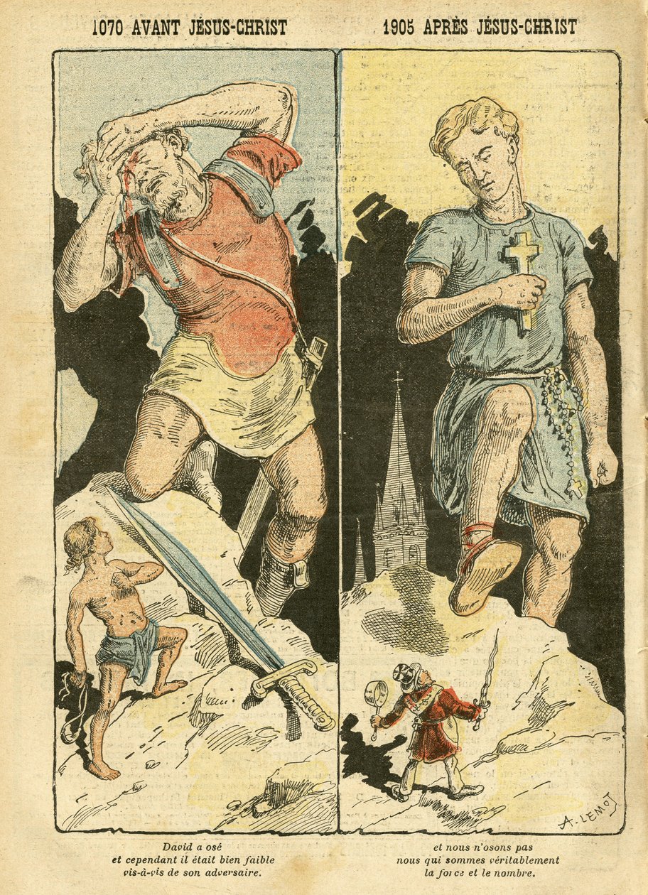 Ilustrace Achille Lemot (1846-1909) v Le Pelerin, 05.11.05 - 1070 př. n. l. Ježíš Kristus 1905 Apres Jesus Christ - antimakonismus Freemaking, náboženství víra, levý blok, katolický katolicismus - laicisation Laicite Laiques Laiques - Tales David, Goliath  od Achille Lemot