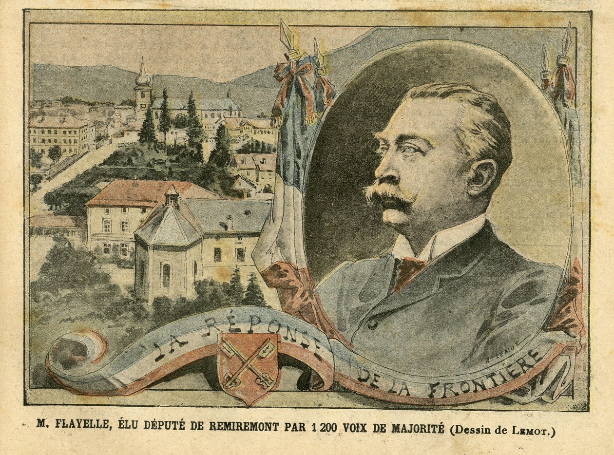 Ilustrace Achille Lemot (1846-1909) v Le Pelerin, 7.2.2004 - M. Flayelle, zvolen zástupcem Remiremontu 1200 většinou hlasů - Volby, Alsasko Lotrinsko, Chambre des deputes Hemicycle, Patriotisme, Frontières, Voges - Remiremont, Zástupce, Flayelle od Achille Lemot