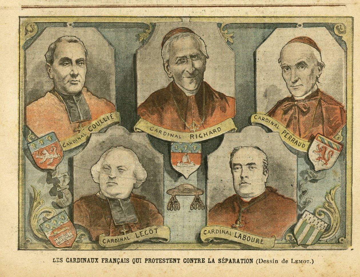 Ilustrace Achille Lemota (1846-1909) v Le Pelerin, 09/04/05 - Francouzští kardinálové, kteří protestují proti odluce - Náboženství Víra, katolický katolicismus - Odluka církve od státu - Richard Mgr (1819-1908), Perraud kardinál (1828-1906), Lecot Cardi od Achille Lemot