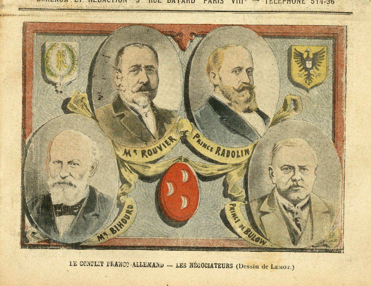 Ilustrace Achille Lemot (1846-1909) v Le Pelerin, 09.07.05 - Francouzsko-německý konflikt vyjednavačů - Koloniální koloniální kolonie, Německo Prusko, Maroko, Francie, Tanger - Rouvier Maurice (1842-1911), Bulow Bernhard von (1849-1929), Rad od Achille Lemot