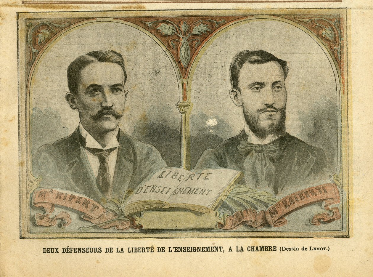 Ilustrace Achille Lemot (1846-1909) v Le Pelerin, 20/03/04 - Dva obránci svobody vzdělání - Učení, náboženství Víra, katolicismus - Svoboda vzdělání - Ripert Jean-Baptiste (1870-1958), Raiberti Flaminus (1862-1929) od Achille Lemot